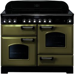 Rangemaster Classic Deluxe 110cm Electric Ceramic 100940 Range Cooker in Olive Green with Chrome Trim and Ceramic Hob